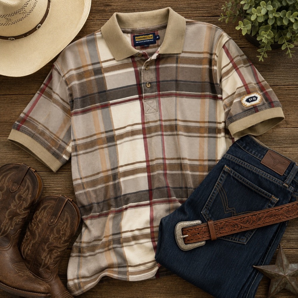 Vintage‎ Panhandle Slim Men's Medium Plaid Polo Shirt Cotton Western Beige Brown